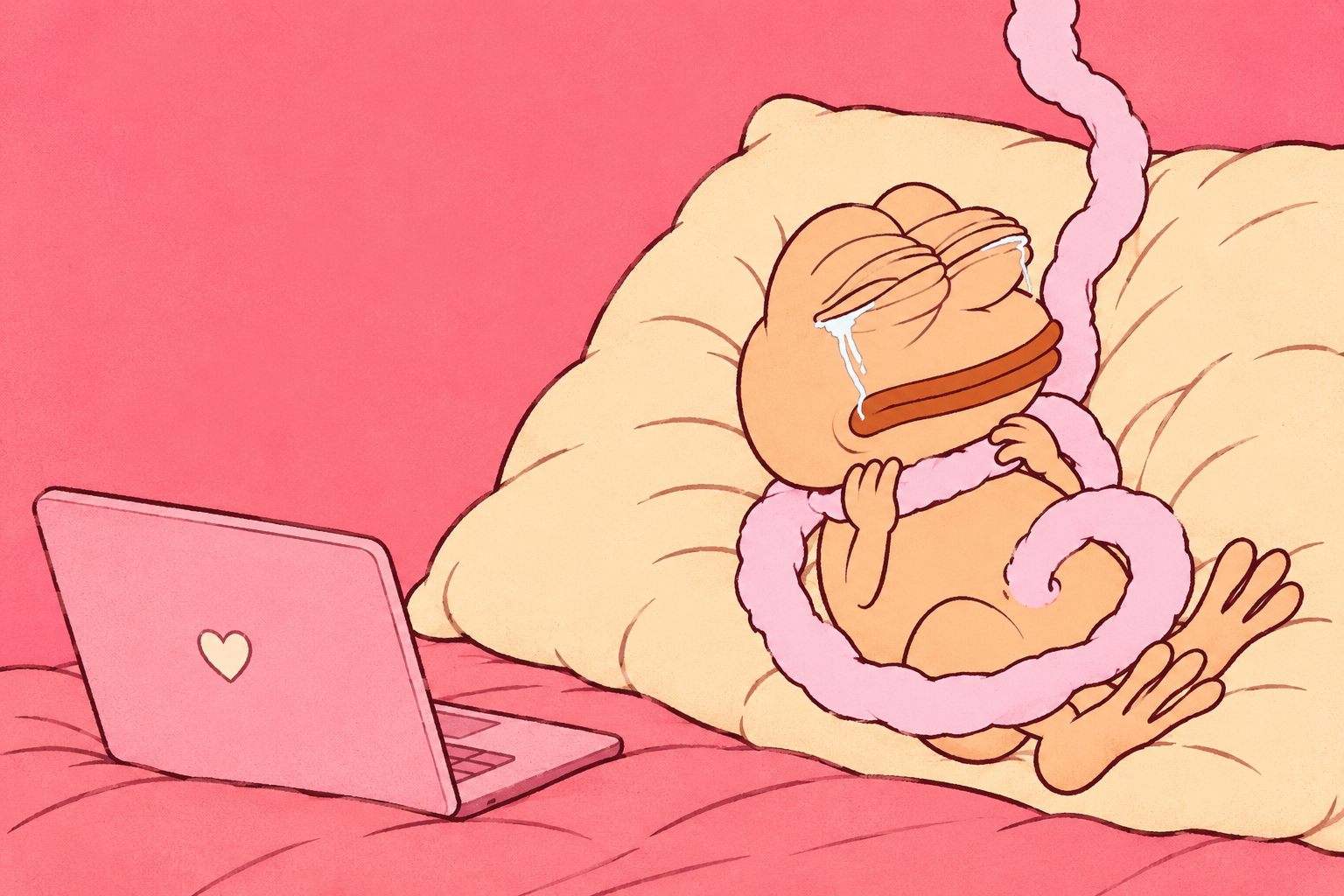 The same character resting on a cream pillow with a pink laptop beside him