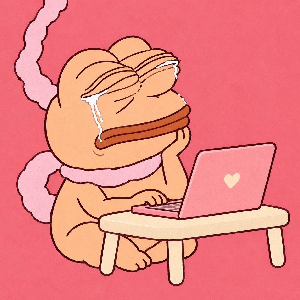 Born to Trade at a tiny pink laptop, cheek resting on one hand